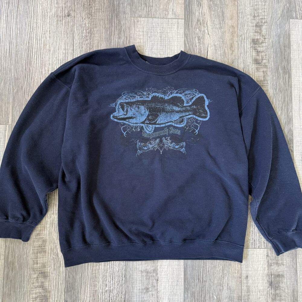 VTG Puritan Sweatshirt Mens XL Blue Fish Largemouth Bass Fishing Nature Y2K